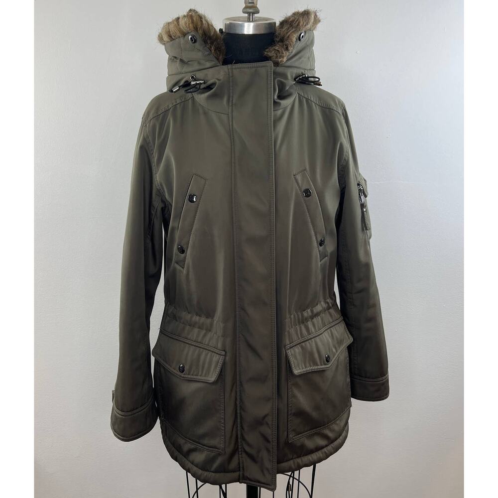 S13/NYC Olive Green Faux Fur Trim Long Sleeve Zip Front Hooded Coat Size S Small